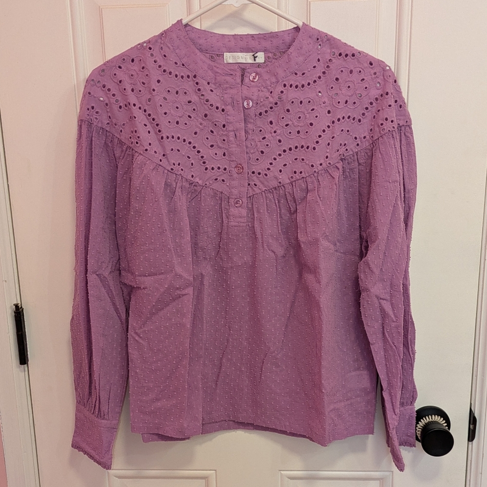 Design History Small Blouse Lavender/Pink New NWT Long Sleeve Swiss Dot Embroide